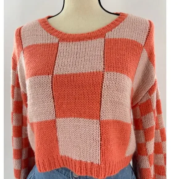 Princess Polly Orange Pink Check Sweater Balloon Sleeve Crop Top Small - Picture 2 of 7